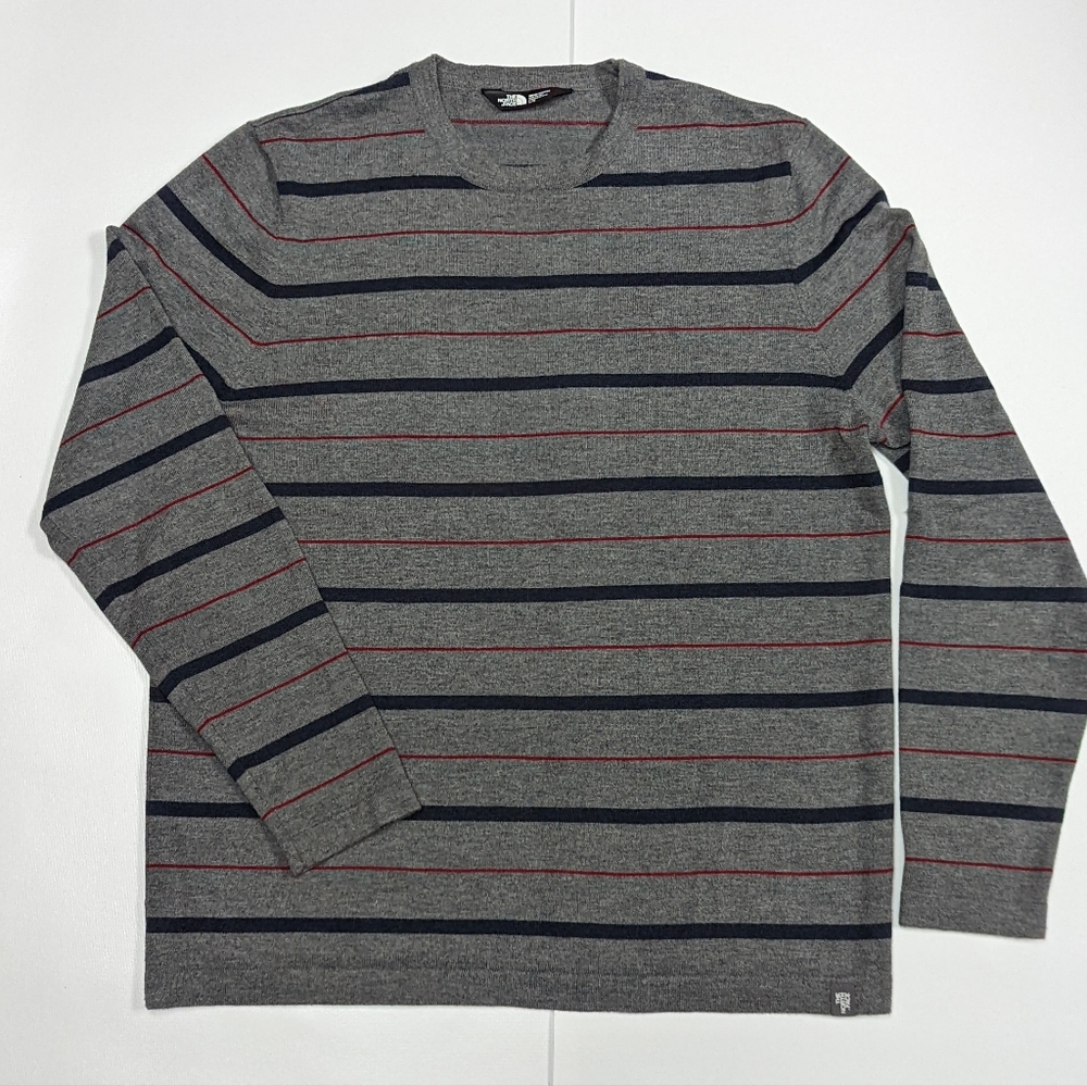 Men's The North Face L Gray/Navy/Red Striped Cotton Knit Crew Neck Sweater